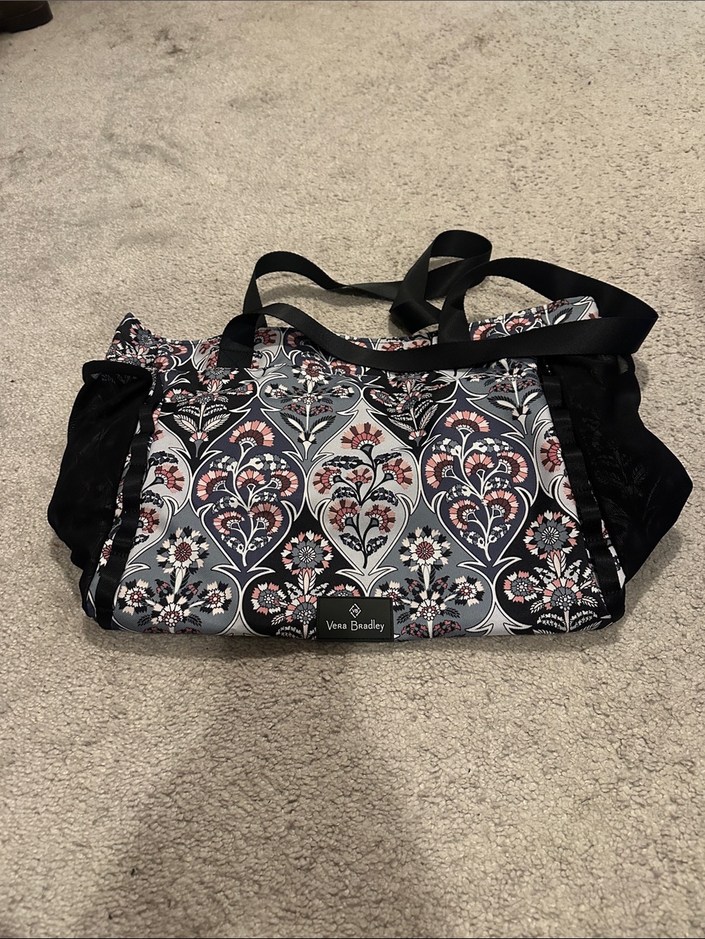 NWOT Vera Bradley Gray Floral Tote with Black Straps and Pink Accents